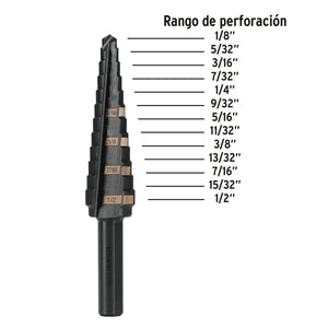 BROCA ESCALONADA ÓXIDO NEGRO 13 ESCALONES 1/8'' A 1/2'', TRUPER 12122 P