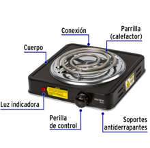 Cargar imagen en el visor de la galería, PARRILLA ELÈCTRICA 1 QUEMADOR EN ESPIRAL, NEGRA, BASIC 26093 P
